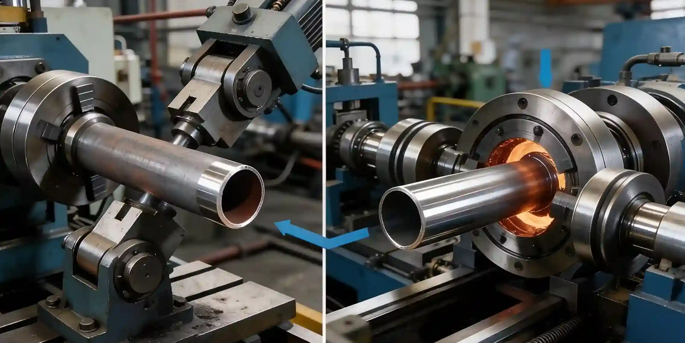 Precision hot working and forming process for metal pipes manufacturing at Lukai workshop.