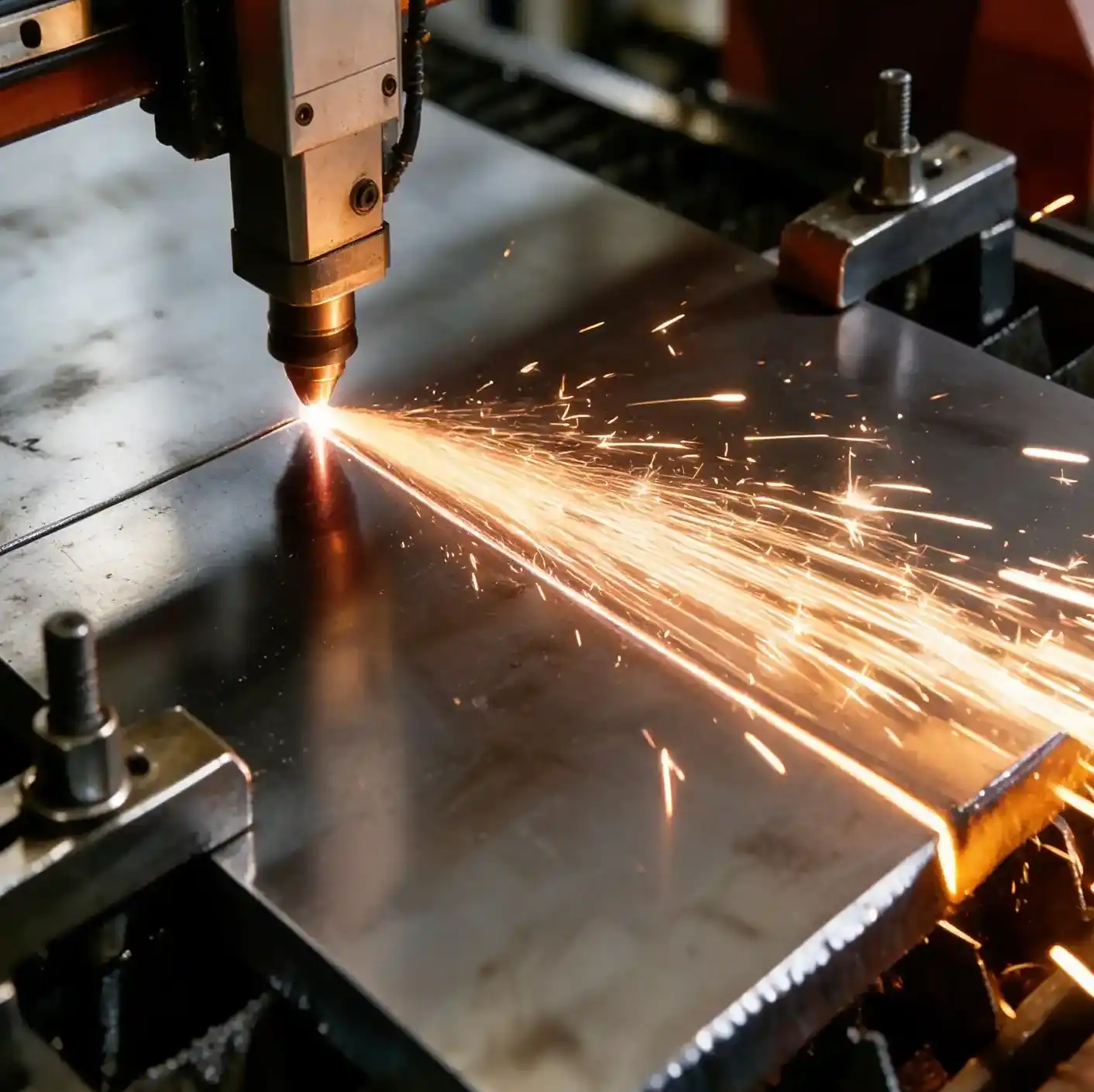 CNC laser cutting and processing machine working on metal plate with sparks.