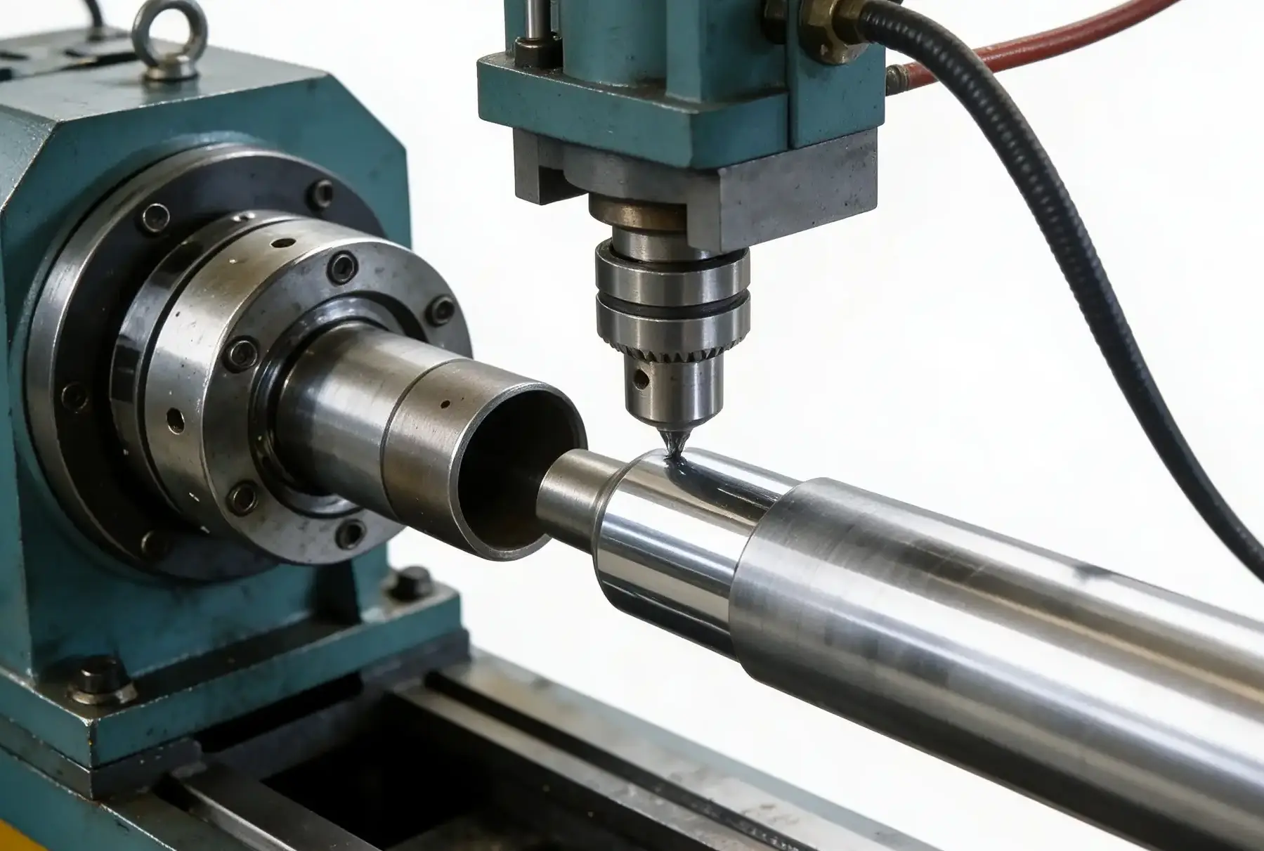 Precision metal lathe turning and finishing process on a hydraulic machinery component.