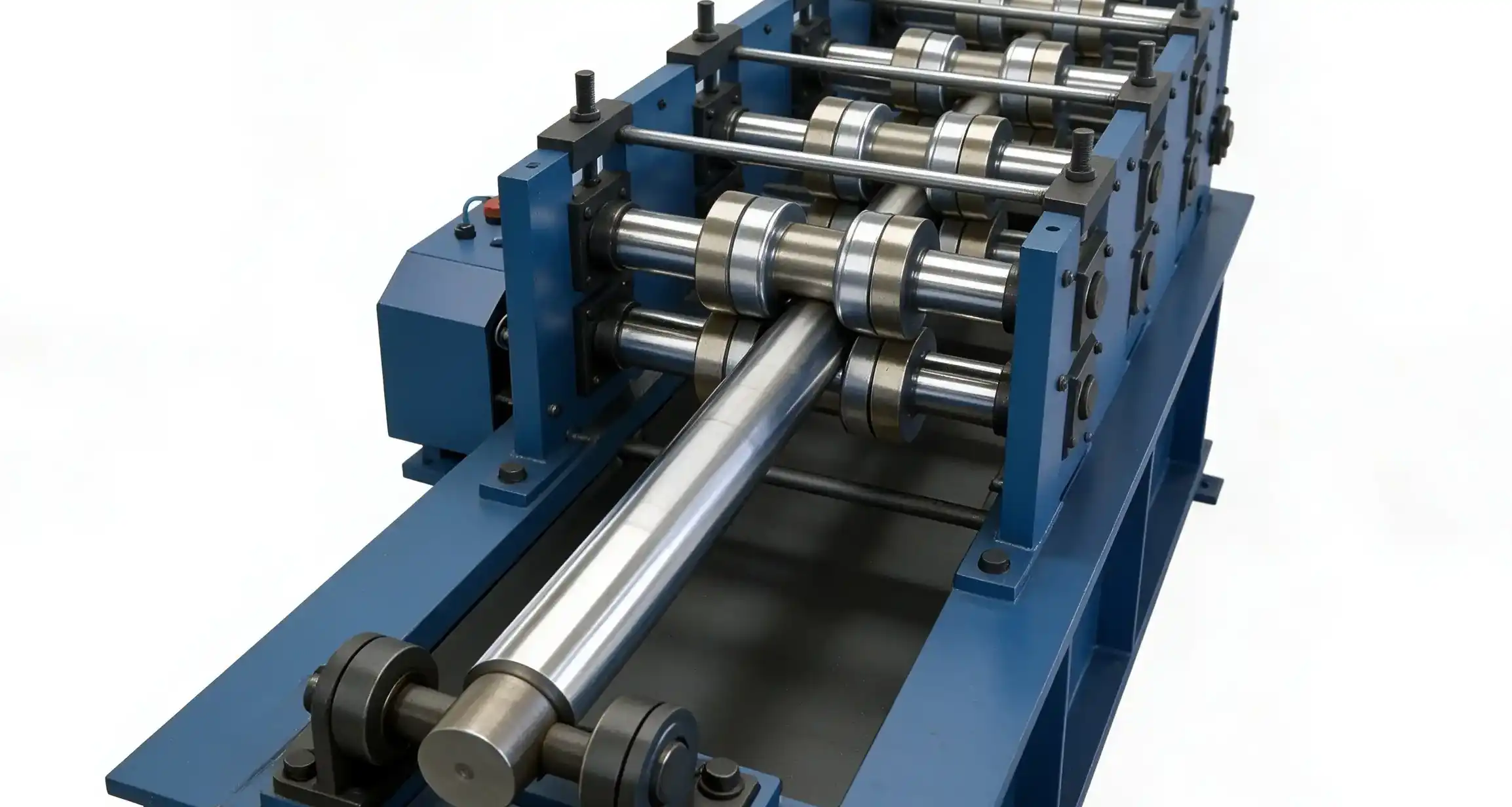 Automated multi-roller straightening and cold finishing line for precision metal shafts.