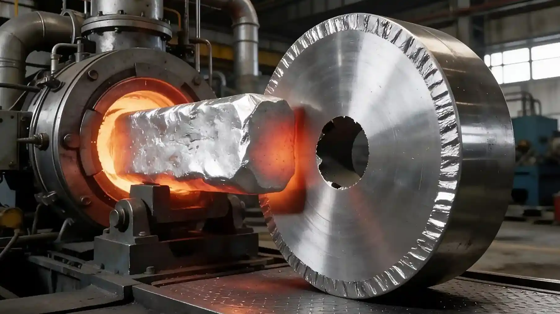 Lukai steel ingot pretreatment and blooming process with hot metal being fed into industrial machinery.